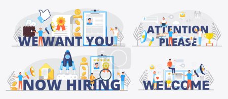 Illustration for We want you big text with manager. Attention please big text. Now hiring banner. Welcome concept vector. - Royalty Free Image