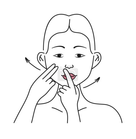 Illustration for Facial massage. Woman doing face massage, shows hand movement concept in line style. Facial skin care at home. Beautiful girl applies cream, tonic, gel on the skin. - Royalty Free Image