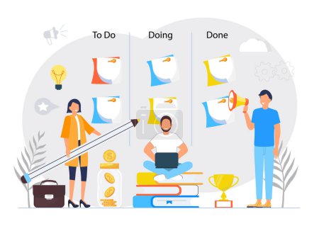 Illustration for Kanban board with stickers concept vector.Agile and scrum methodology are shown. Explainer illustration of scrum daily stand-up meeting. Scrum master with development team. - Royalty Free Image