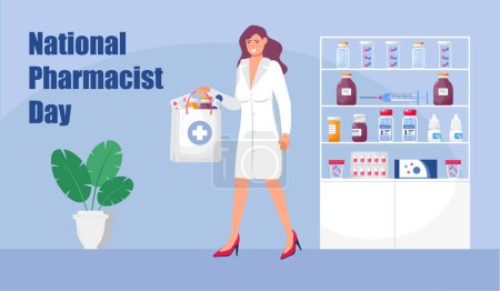Téléchargez les illustrations : National Pharmacist Day is celebrated in January 12. Healthcare concept vector. Pharmacy seller is working in drugstore and standing near medicine pills, bottle. - en licence libre de droit