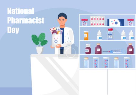Téléchargez les illustrations : National Pharmacist Day is celebrated in January 12. Healthcare concept vector. Pharmacy seller is working in drugstore and standing near medicine pills, bottle. - en licence libre de droit