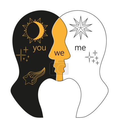 Psychology of relationship, love affection. The fusion of two personalities, lack of personal boundaries. Silhouette of two heads of people. Stars, lines show as a mental connection.