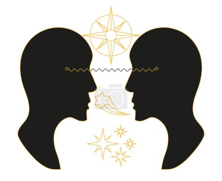 Illustration for Human empathy, encouraging, understanding concept vector. Silhouette of two heads of people. Stars, lines show as a mental connection. - Royalty Free Image