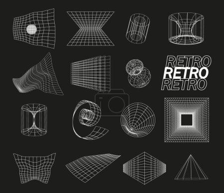 Téléchargez les illustrations : Retrofuturistic, wireframe line elements vector set. Perspective grids in cyberpunk style. Polar grid, portals circle. Abstract geometry, blackhole, bipyramide sign. Gravity tunnel in line style. - en licence libre de droit