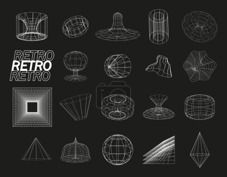 Téléchargez les illustrations : Retrofuturistic, wireframe line elements vector set. Perspective grids in cyberpunk style. Polar grid, portals circle. Abstract geometry, blackhole, bipyramide sign. Gravity tunnel in line style. - en licence libre de droit