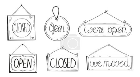 Open closed door tag set vector. Supermarket haning labels. Shop door badge illustration in doodle sketch style. Window open store label.