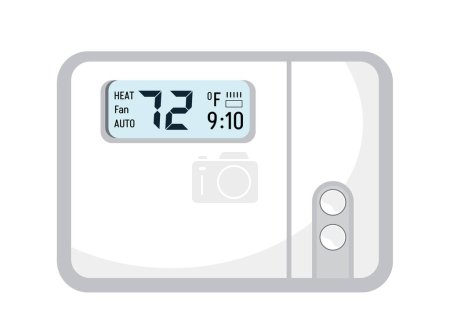 Illustration for Thermostat vector. Controller with screen for floor, house heating, fan. Electronic thermostat controls and regulates temperaturein appartment remotely. Climate control button icon illustration. - Royalty Free Image