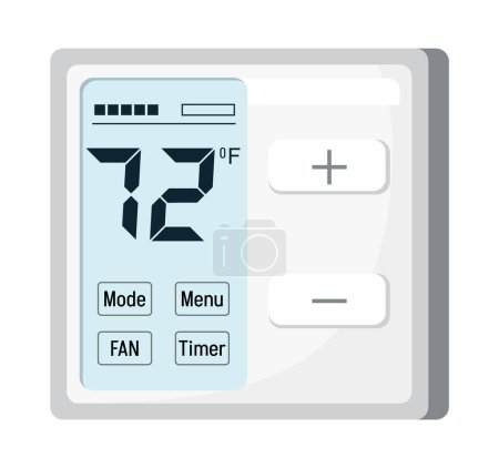 Illustration for Thermostat vector. Controller with screen for floor, house heating, fan. Electronic thermostat controls and regulates temperaturein appartment remotely. Climate control button icon illustration. - Royalty Free Image