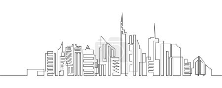 Continuous line drawing of house, residential building concept. Panoramic landscape of metropolis architecture, skyscrapers. Modern cityscape continuous one linear illustration.