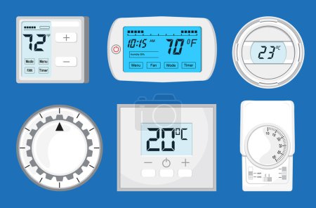 Thermostat vector set. Controller with screen for floor, house heating, fan. Climate control button icon illustration. Electronic thermostat controls and regulates temperaturein appartment remotely.