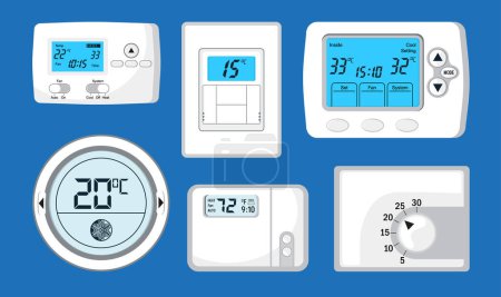 Illustration for Thermostat vector set. Controller with screen for floor, house heating, fan. Climate control button icon illustration. Electronic thermostat controls and regulates temperaturein appartment remotely. - Royalty Free Image