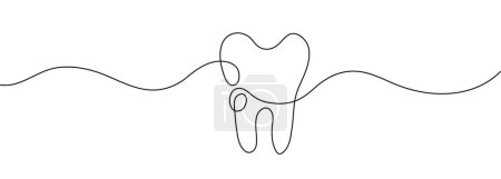 Diente vector icono en línea continua estilo de dibujo. Caries, sarro o quiste dental icono de tratamiento vector. Corona dental y relleno, blanqueamiento de dientes. Extirpación de dientes y rayos X.