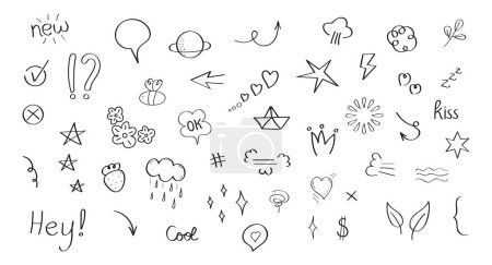 Illustration for Doodle style collection vector for social net. Sketch underlines, icons, emphasis, speech bubbles. Line elements of heart, arrows, scribble, flower. Simple sign of star, butterfly, bee, words. - Royalty Free Image