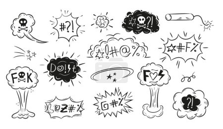 Swear, expletive words vector. Angry, rude feelings in comic, cartoon clouds, explosions smoke. Metaphor of negative feelings Dynamite icon vector in doodle style Bomb sign.