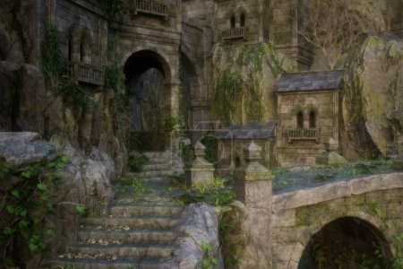 Wunderschönes mystisches mittelalterliches Fantasieschloss in einer Gebirgsschlucht mit Steinstufen und Brücke. Foto realistische 3D-Illustration.