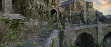 Weite Aussicht auf eine wunderschöne mittelalterliche Burg mit Stufen, die zu einer steinernen Brücke führen. 3D-Rendering.