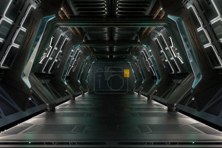 Science-Fiction-Fantasy-Korridor in einer Raumstation oder einem Raumschiff. 3D-Rendering.