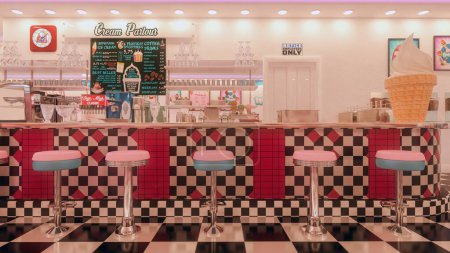Vintage American ice cream parlour with black and white checked floor and pink stools at the bar. 3D illustration.