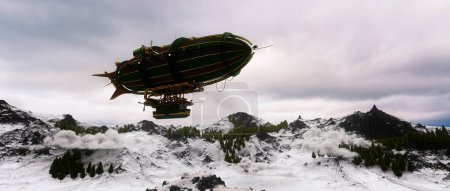 Photo for Cinematic winter landscape with a fantasy steampunk airship flying over snow covered mountains. 3d illustration. - Royalty Free Image