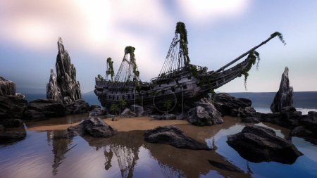 Old pirate ship wreck stranded on rocks and sandy beach, covered in seaweed and rotting wood. 3D illustration.