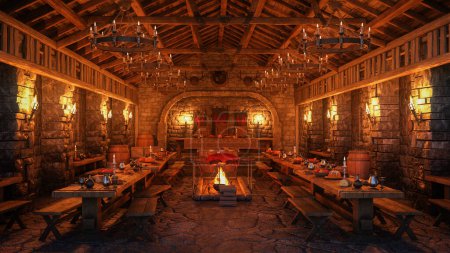 Ancient medieval dining hall with meat roasting over an open fire. 3D illustration.