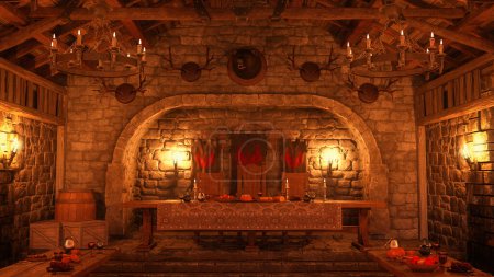 Téléchargez les photos : Table des rois avec de la nourriture et des bougies dans une salle à manger médiévale. Illustration 3D - en image libre de droit