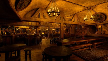 Téléchargez les photos : Bar-taverne médiéval intérieur avec des bougies atmosphériques douillettes et feu ouvert. Illustration 3D. - en image libre de droit