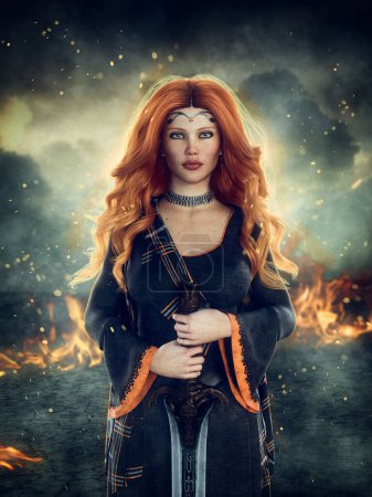 Fantasie mittelalterliche Prinzessin oder Königin, schöne Frau mit langen roten Haaren, die ein keltisches Hochlandkleid trägt und ein Schwert hält. 3D-Rendering. 