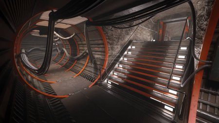 Téléchargez les photos : Futuriste science-fiction cyberpunk tunnel souterrain avec des étapes menant à une sortie. rendu 3D. - en image libre de droit