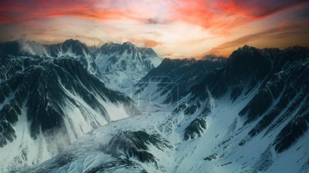View of a glacier valley in a mountain range covered in snow with sunset sky. 3D rendering.