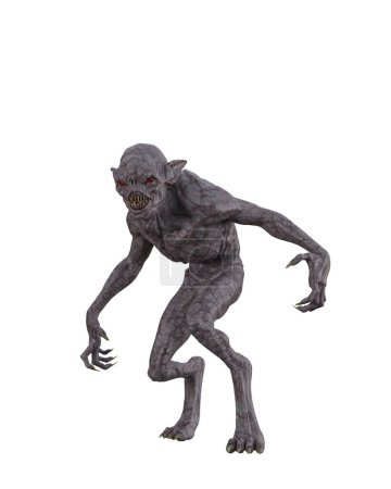 Téléchargez les photos : Fantasy scary monster demon creature with grey skin, long sharp nails and fangs. 3D illustration isolated. - en image libre de droit