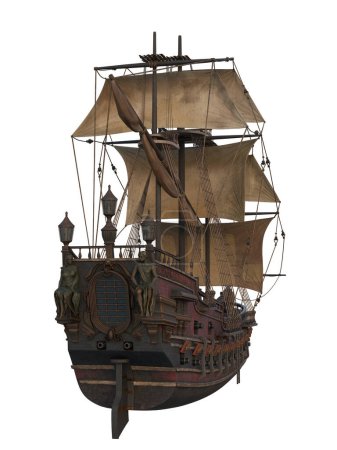 Altes hölzernes Piratenschiff vom Heck aus gesehen. Isoliertes 3D-Rendering.
