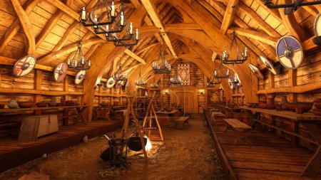 Téléchargez les photos : Viking intérieur de la maison longue avec foyer, tables en bois de nourriture et de boissons et des boucliers suspendus sur les murs. Illustration 3D. - en image libre de droit