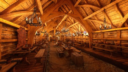 Mittelalterliches Wikingerhaus mit Lehm und Stroh auf dem Boden, Holztische mit Speisen und Getränken, beleuchtet von Kerzenschein. 3D-Rendering.