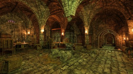 Ancient medieval dungeon with stone arched ceiling, wooden tables and chairs, lit by candle and fire torch. 3D rendering.