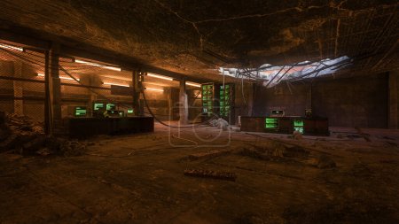 Post apocalyptic undergound bunker with retro computer equipment. 3D rendering.