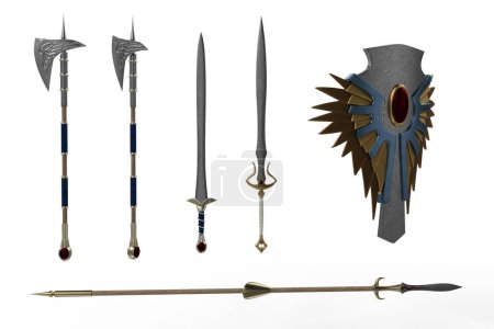 Collection of fantasy elf weapons. 3D illustration isolated.