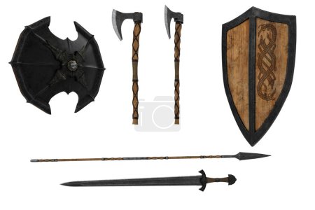Téléchargez les photos : Ensemble d'armes fantastiques médiévales avec épée, hache, lance et boucliers, rendu 3D isolé. - en image libre de droit