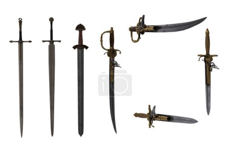 Set of fantasy sword and pirate weapons. 3D illustration isolated.