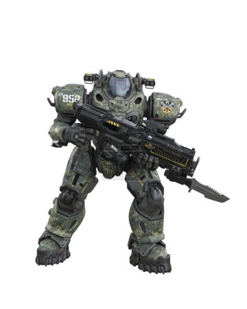 Téléchargez les photos : Soldat futuriste portant une combinaison de combat motorisée et tenant un gros fusil avec baïonnette. rendu 3D isolé. - en image libre de droit