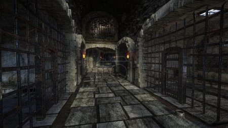 Medieval castle tunnel with dungeon cells lit by torch flame. 3D illustration.