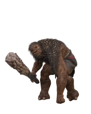 Troll monster crouching with wooden club weapon in hand. Isolated 3D illustration.
