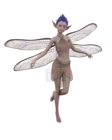 Hada linda hembra con delicadas alas de libélula. Visualización 3D aislada.