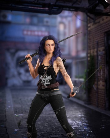 Photo for Young dark haired urban fantasy female character standing in a seedy back street with two swords. 3D illustration. - Royalty Free Image