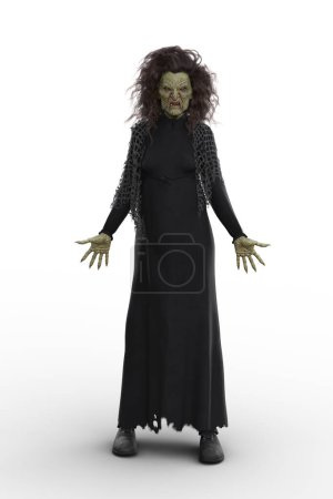 Scary vieja bruja de Halloween de pie en vestido negro andrajoso y chal. Ilustración 3D aislada.
