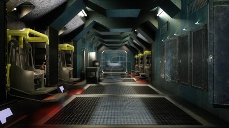 Photo for Dark moody futuristic science fiction fantasy space ship interior. 3D illustration. - Royalty Free Image