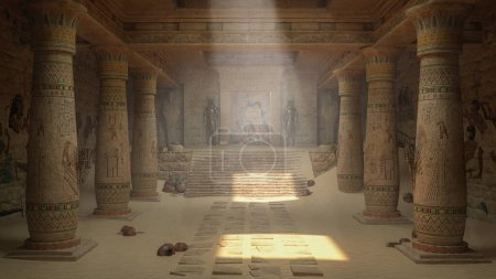 Ancient Egyptian temple ruin interior with decorated columns and steps leading to a doorway and golden statues. 3D illustration.