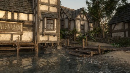 Old timber framed buildings by the shore in a medieval port town; 3D illustration.