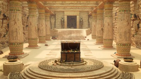 Open wooden chest with ancient Egyptian treasure in an old temple ruin. 3D rendering.