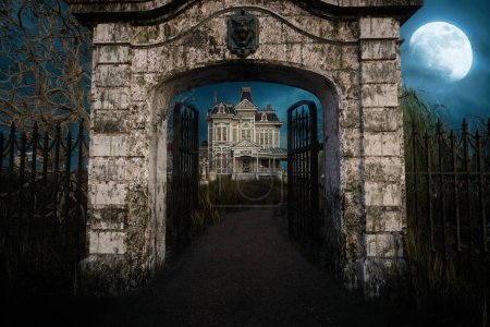Téléchargez les photos : Porte d'entrée d'un vieux manoir victorien abandonné sous un ciel clair de lune la nuit. Illustration 3D. - en image libre de droit